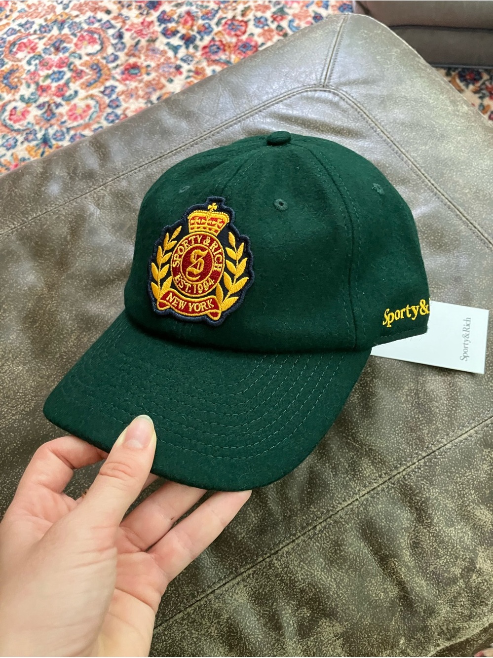 Sporty & Rich NY Crest Wool Hat - Forest Green with Gold & Red Emblem - Picture 2 of 4